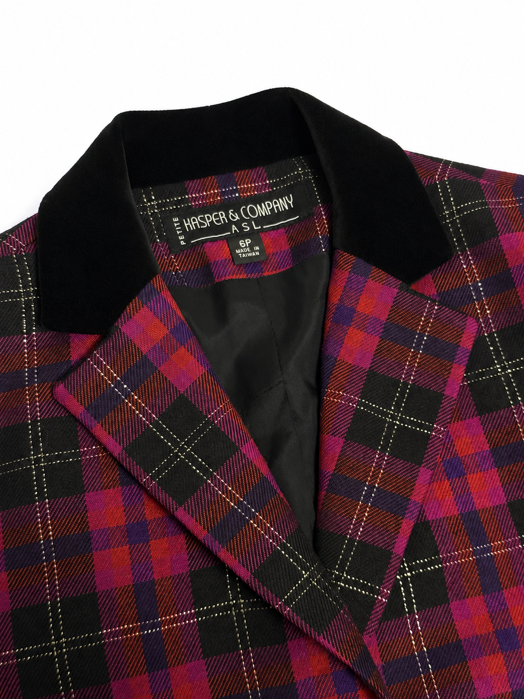 Women's Vintage Kasper ASL Plaid Velvet Collar Blazer 6P 90s / Y2K Petite