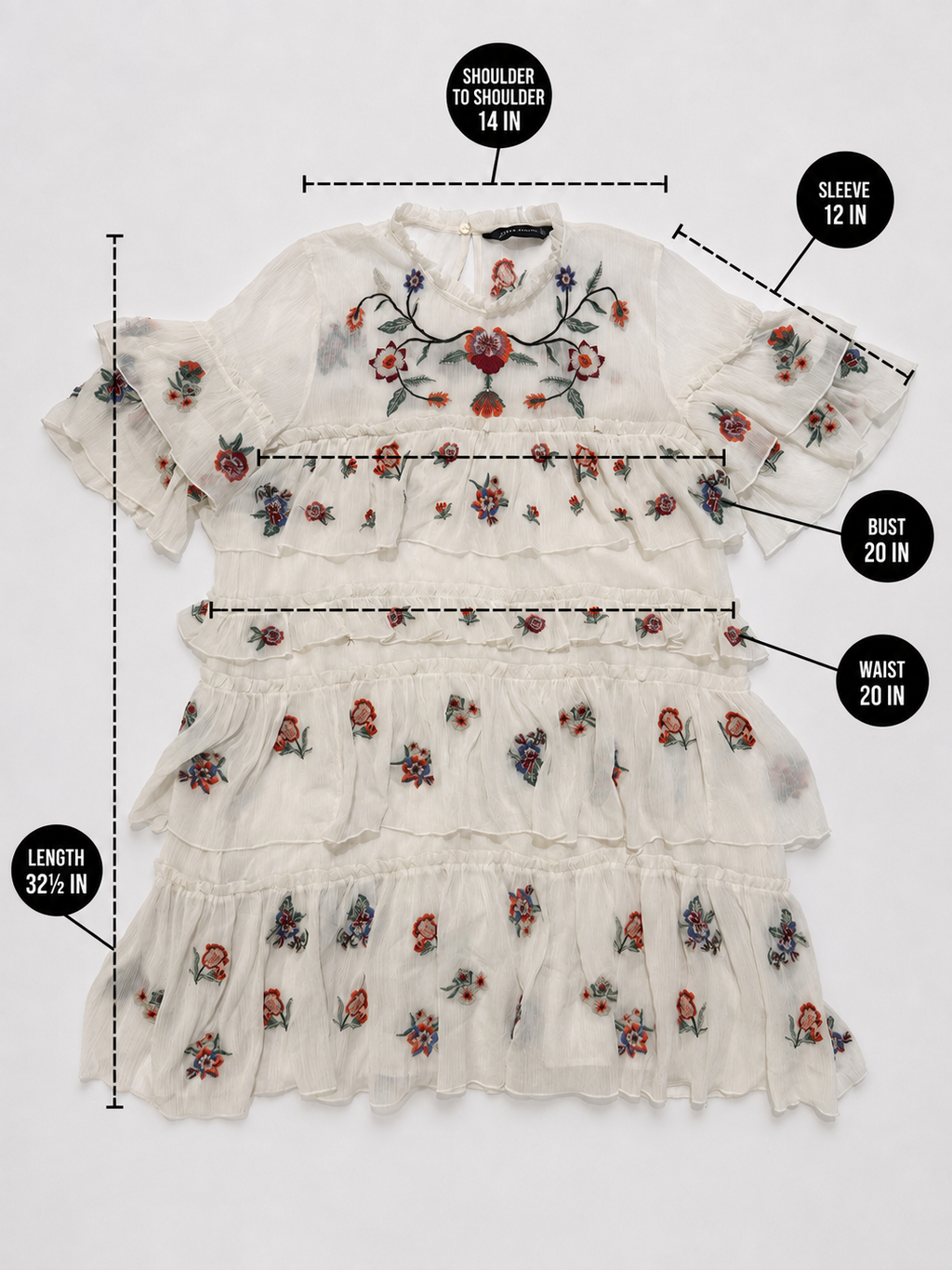 Zara White Embroidered Floral Tiered Ruffle Dress – Size Large
