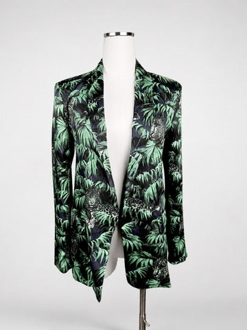 Front view of Zara Basic tropical palm and cheetah print open-front blazer on dress form showing structured shoulders and full-length lapel