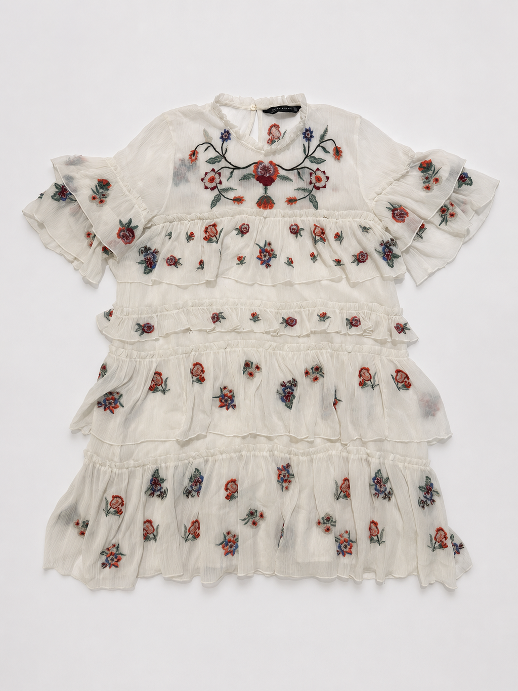Zara White Embroidered Floral Tiered Ruffle Dress – Size Large