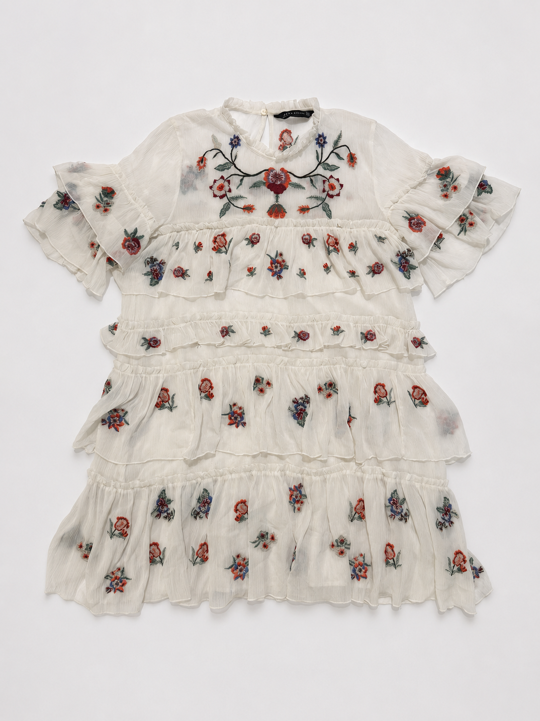 Zara White Embroidered Floral Tiered Ruffle Dress – Size Large