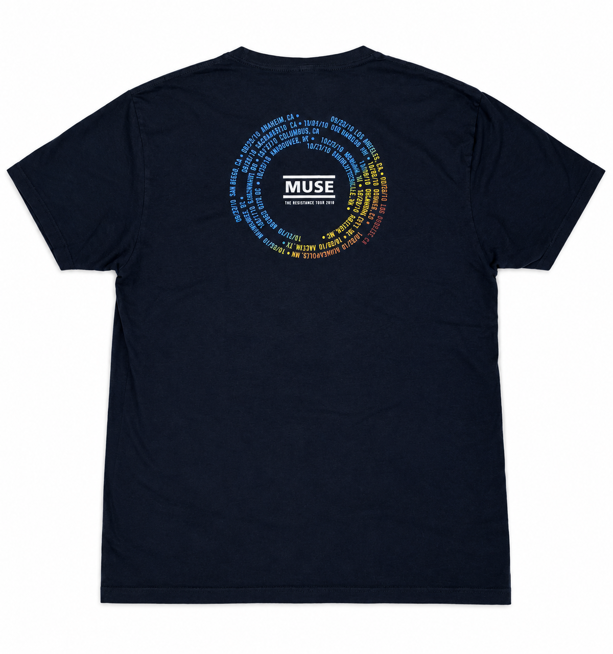 Back of navy Muse T-shirt with circular 2010 Resistance tour dates and a centered band logo