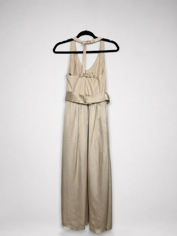 White by Vera Wang champagne halter maxi dress front slit detail