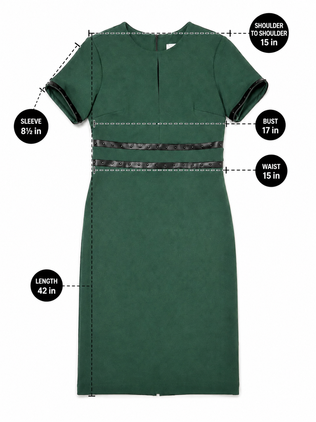 Emerald green midi sheath dress waist stud-trim banding detail