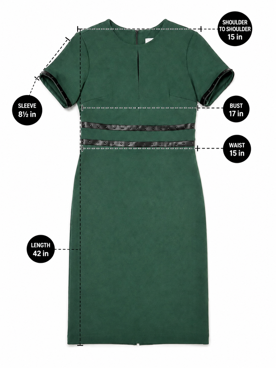 Emerald green midi sheath dress waist stud-trim banding detail