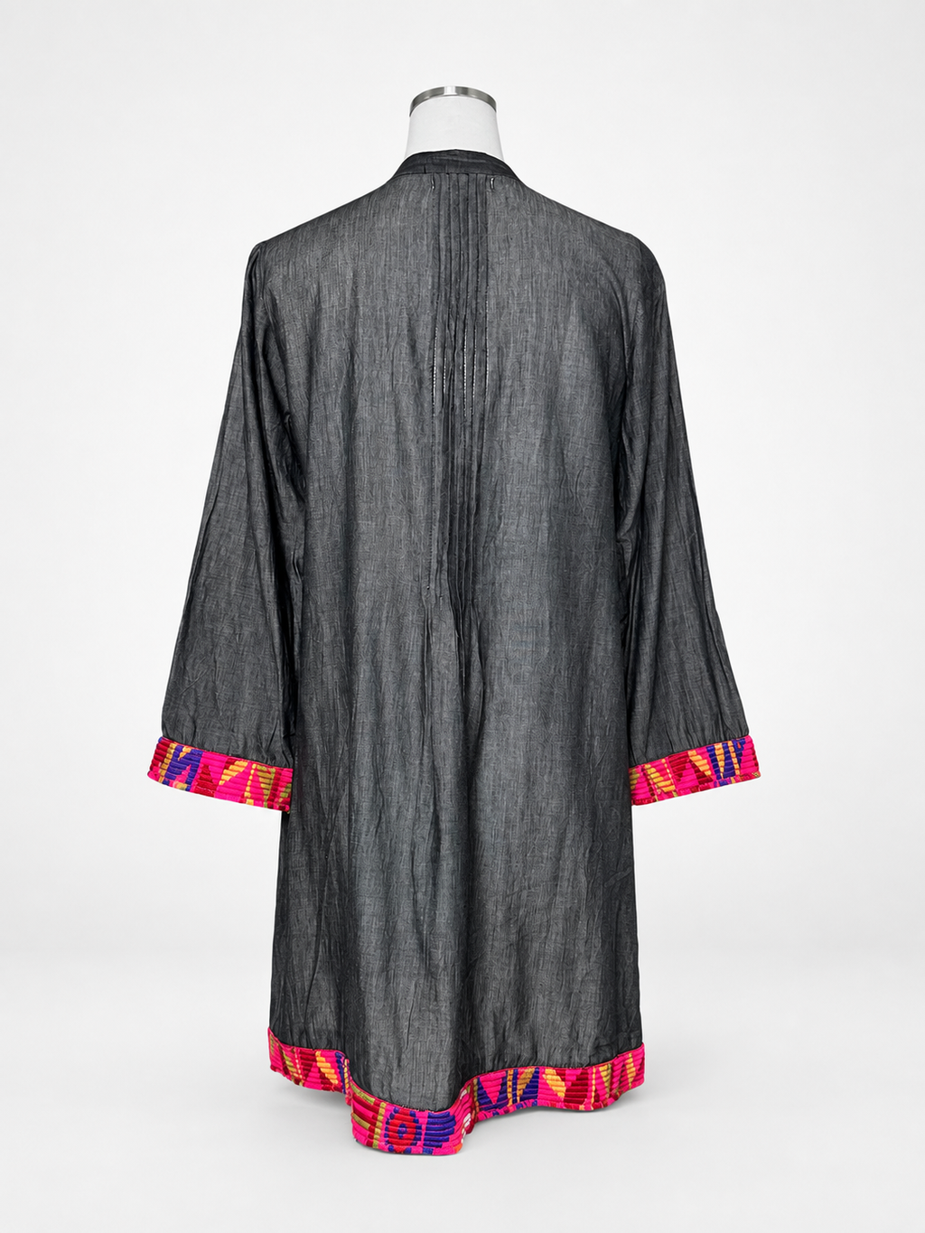 Women's VELZERA Charcoal Boho Pintuck Tunic with Colorful Embroidered Trim – Small