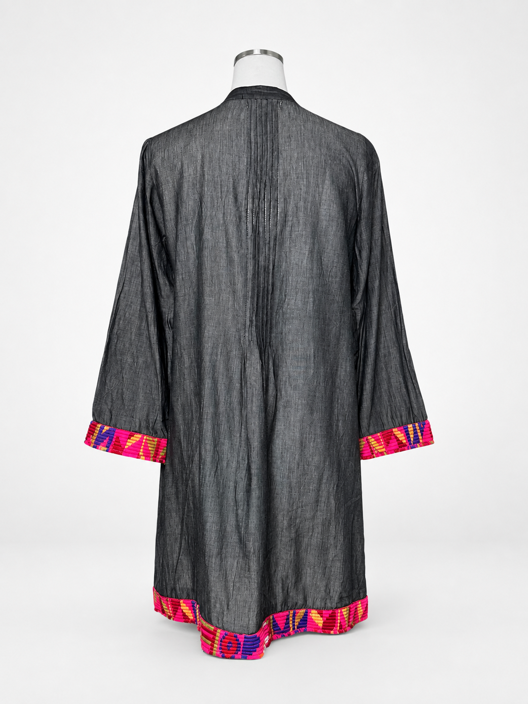 Women's VELZERA Charcoal Boho Pintuck Tunic with Colorful Embroidered Trim – Small