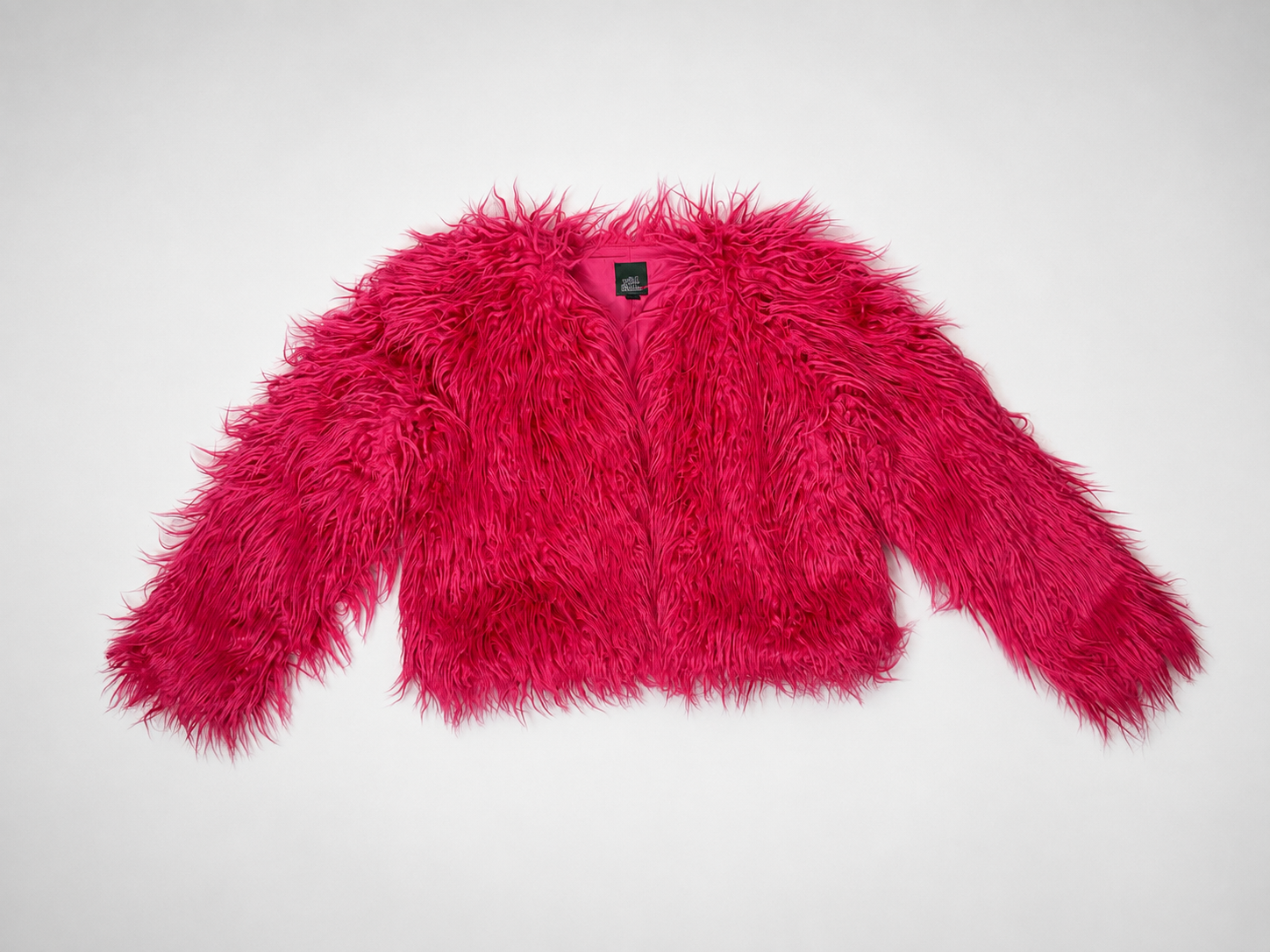 Wild Fable hot pink shaggy faux fur cropped jacket flat lay showing open front and brand tag