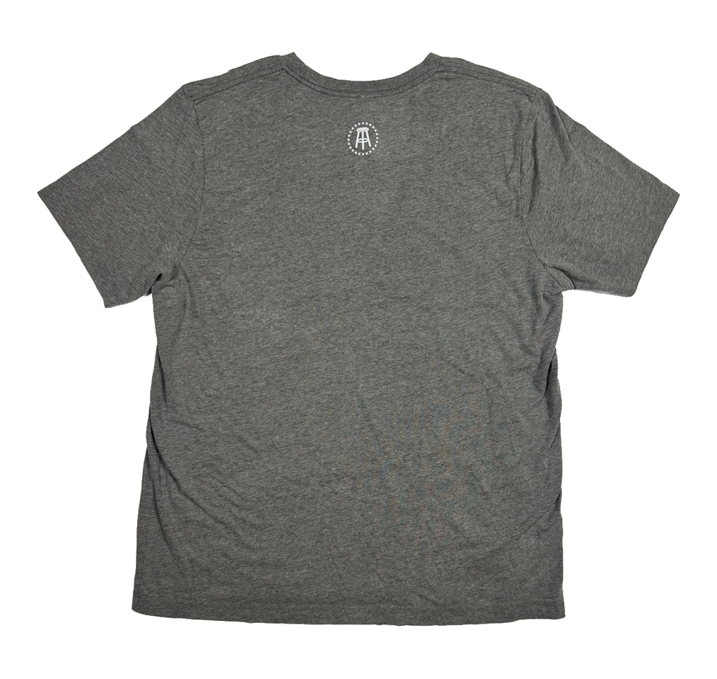Back view of heather-gray Bella+Canvas Pardon My Take T-shirt with small white stool logo