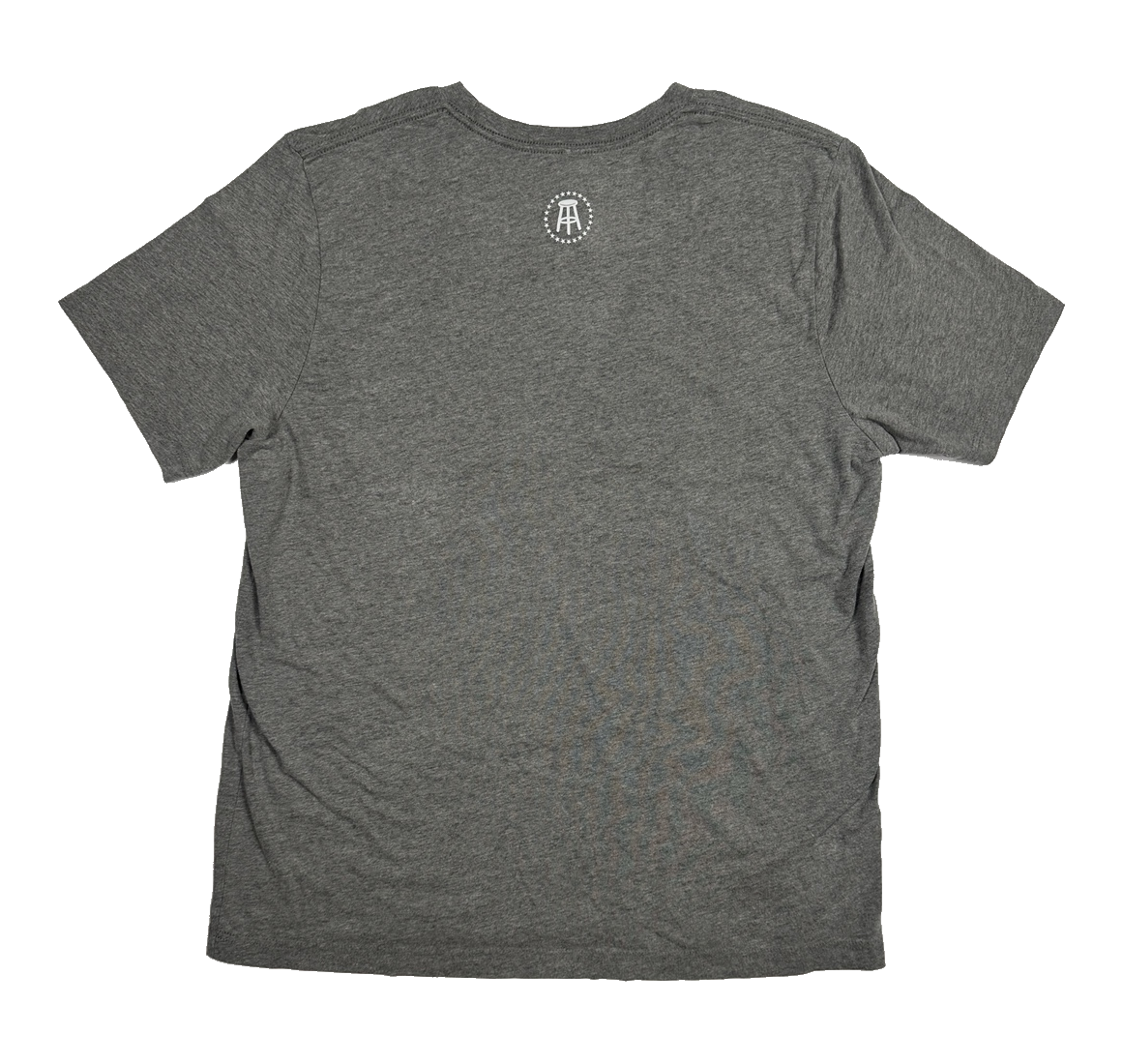 Back view of heather-gray Bella+Canvas Pardon My Take T-shirt with small white stool logo