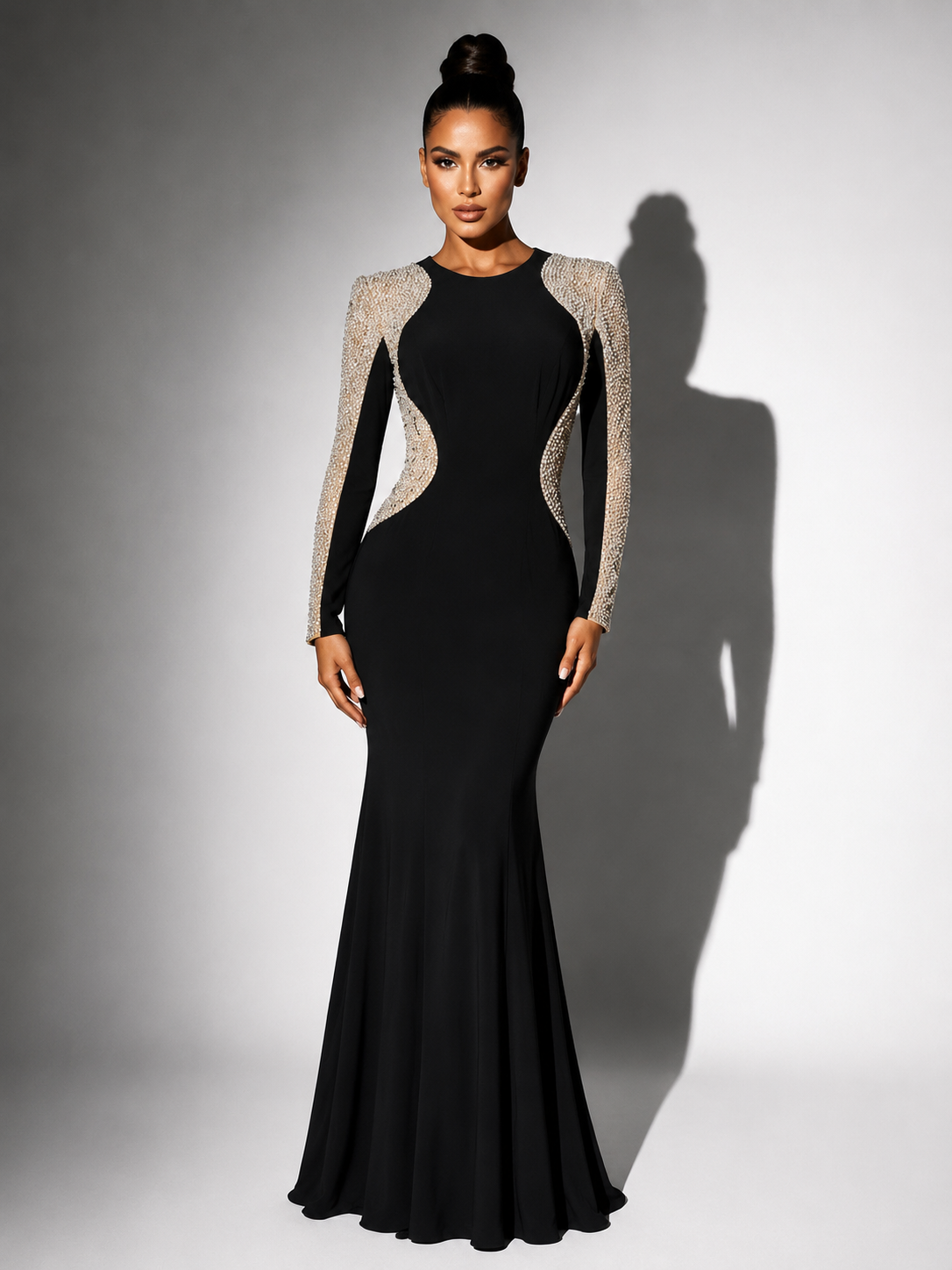 Women's Xscape Size 4 Black Rhinestone Illusion Long-Sleeve Formal Gown