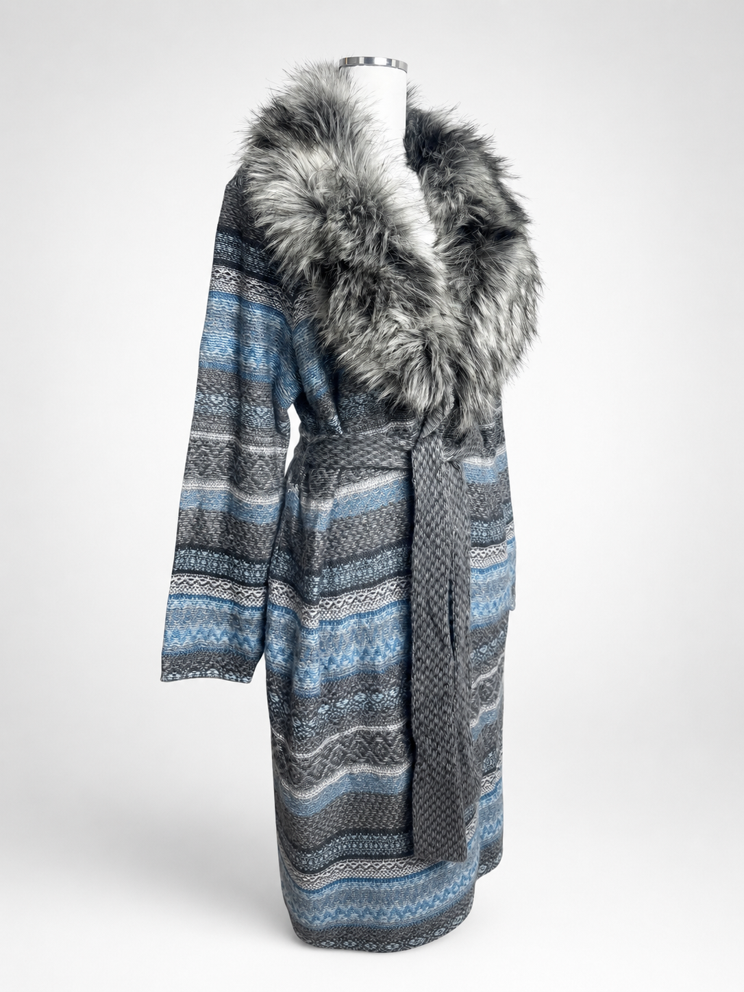 Chico's Blue Fair Isle Faux Fur Belted Sweater Coat Size 3 NWT