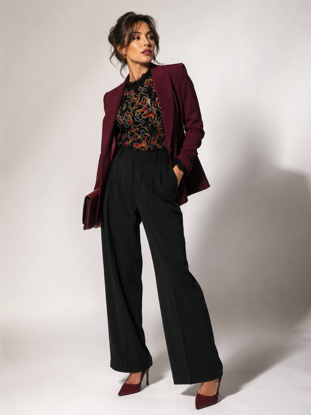 Zara Trafaluc black lace top with burgundy, red, gold and blue embroidery, size large