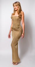 Outcast gold metallic strapless rosette maxi dress on model front view