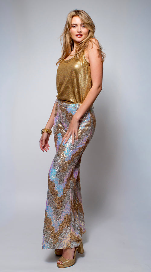 12th Tribe ’70s-Inspired Metallic Sequin Stretch Flare Pants NWT