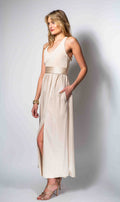 White by Vera Wang champagne halter maxi dress front view