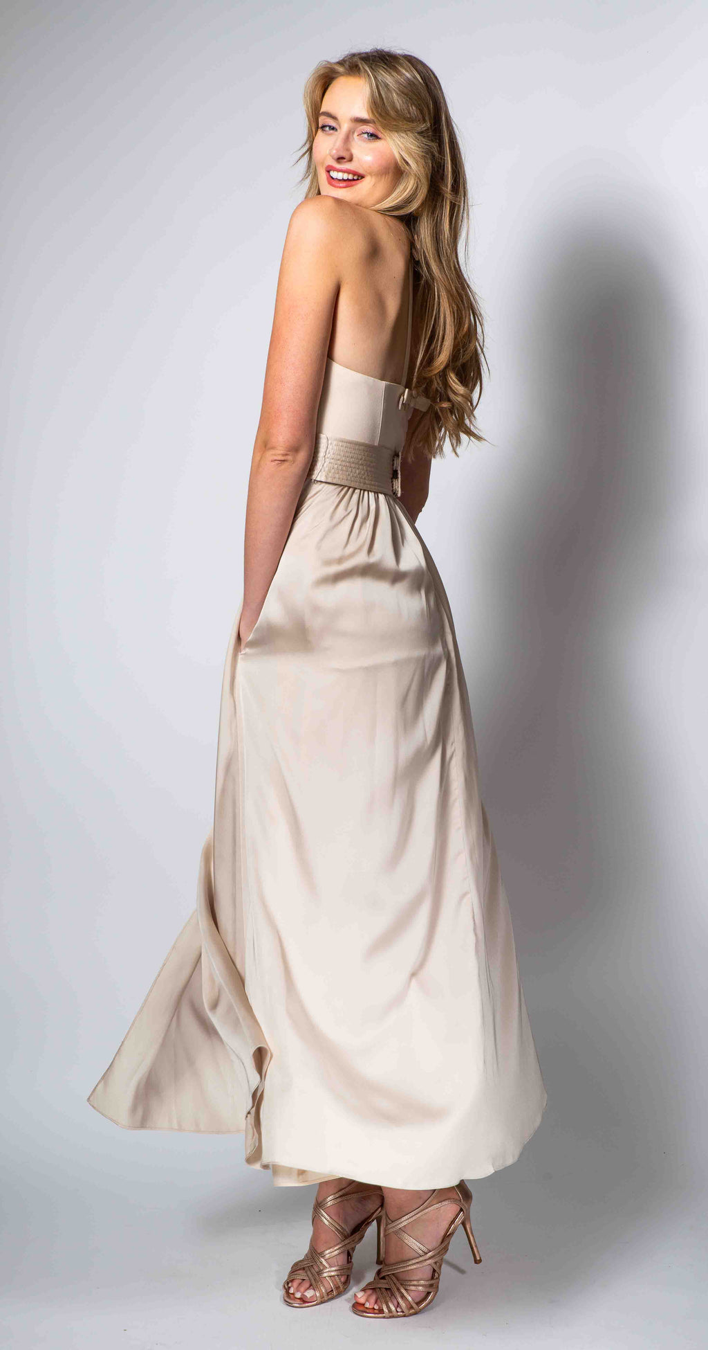 White by Vera Wang champagne halter maxi dress back view