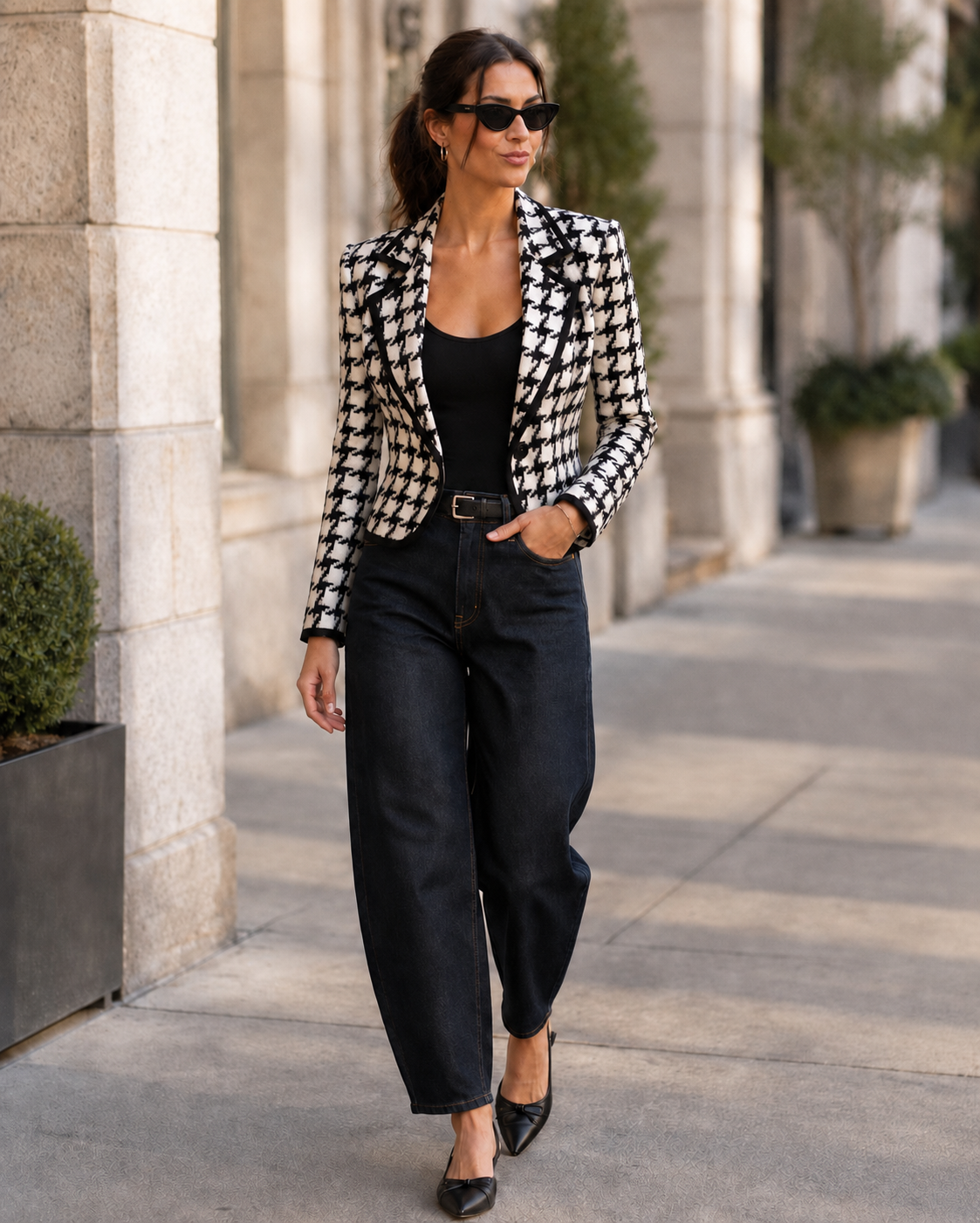 Vintage PECK & PECK Black Ivory Houndstooth Wool-Blend Blazer – Size 2