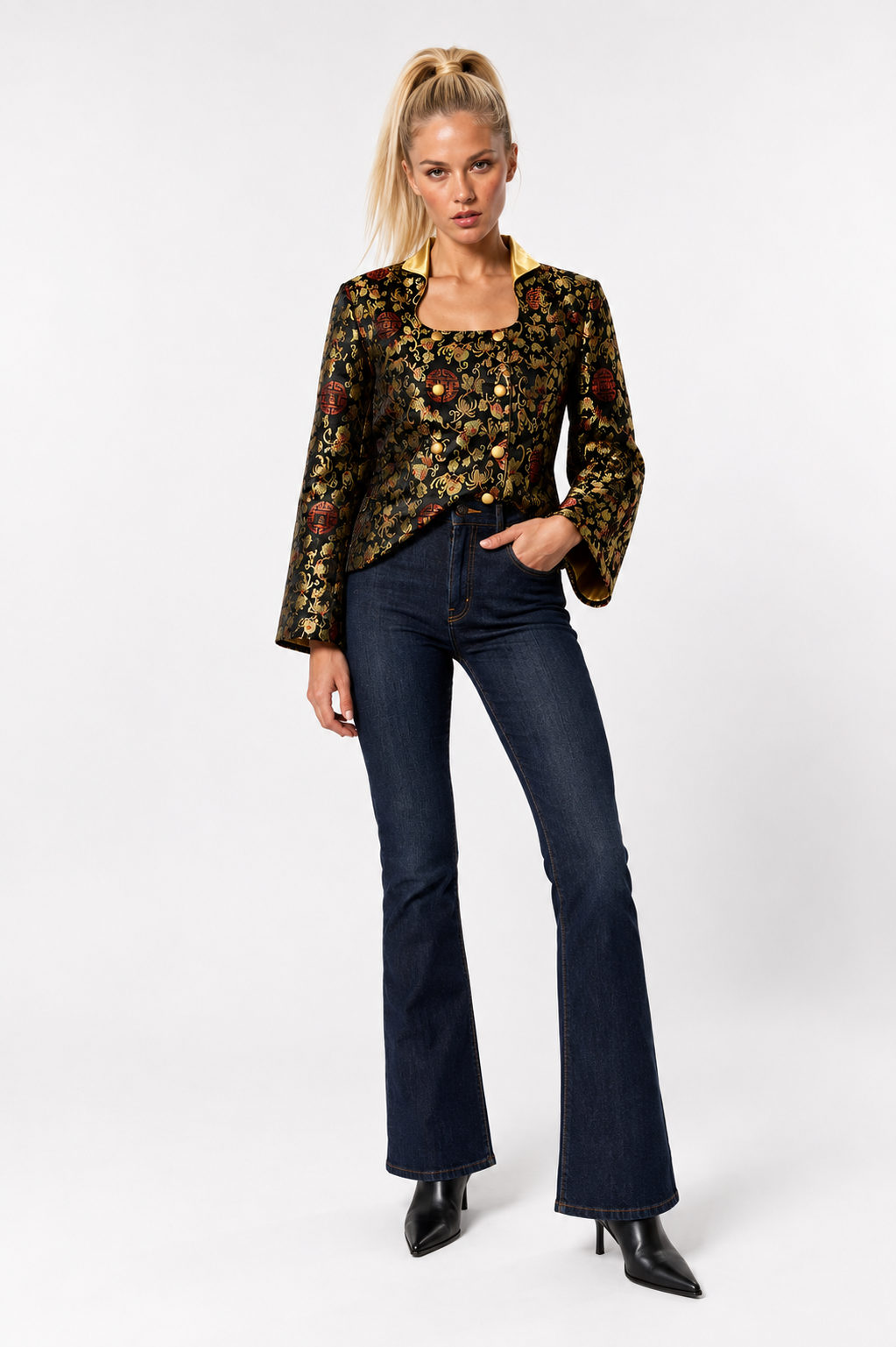 T&M Silk Black Gold Red Brocade Jacket Women's Large