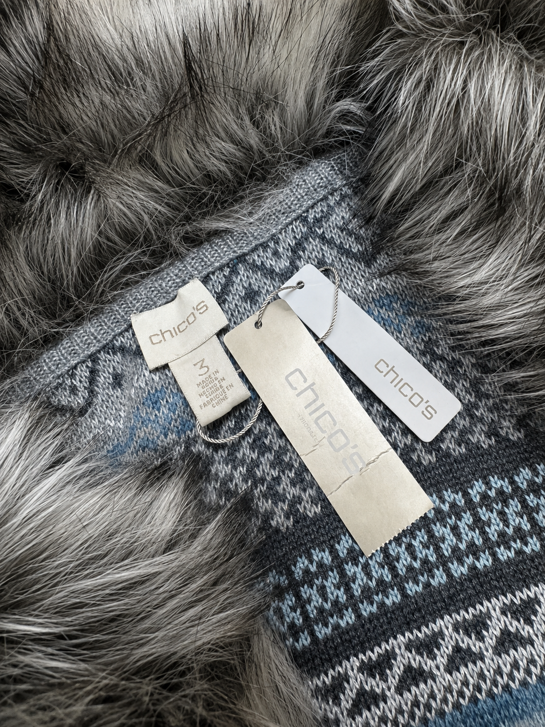 Chico's Blue Fair Isle Faux Fur Belted Sweater Coat Size 3 NWT