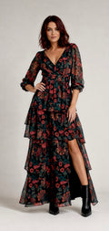 Sugarlips Briala Black Teal Red Floral Organza Maxi Dress Women's Medium