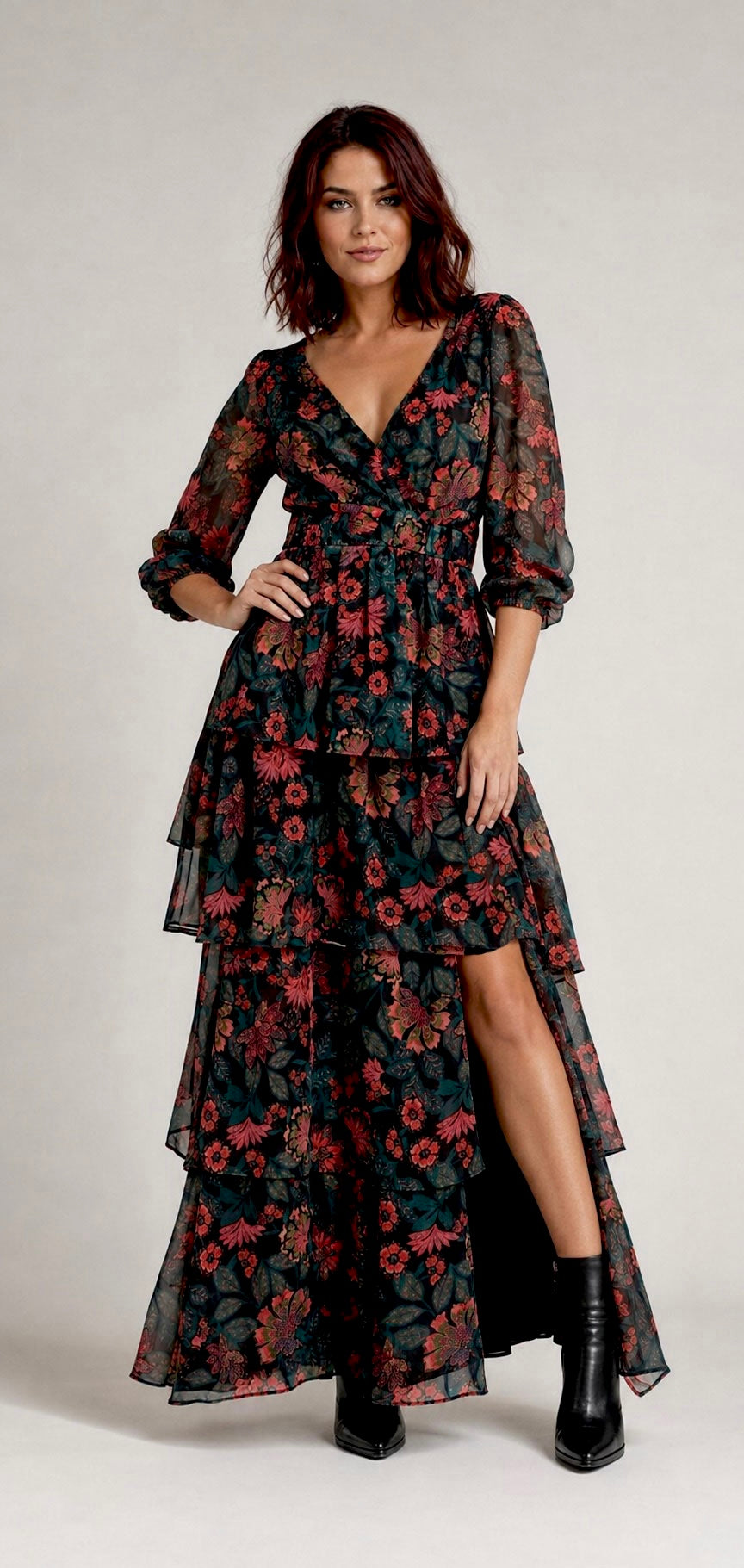 Sugarlips Briala Black Teal Red Floral Organza Maxi Dress Women's Medium