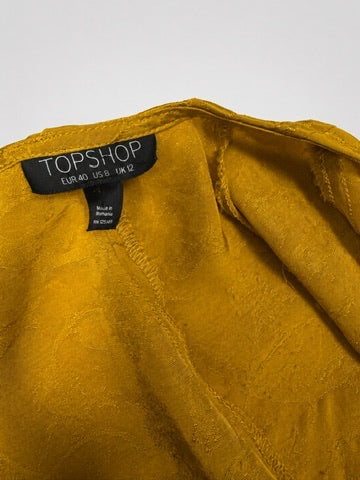 Topshop mustard yellow jacquard midi dress brand and size label detail