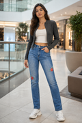 Jordache blue floral embroidered skinny jeans front view