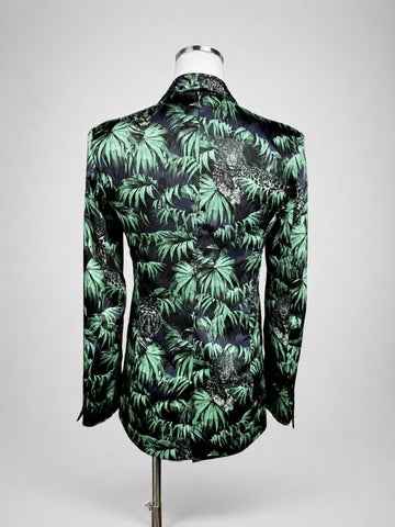 Back view of Zara Basic navy and green palm leaf print blazer on mannequin showing center back seam, single vent, and allover jungle leopard print