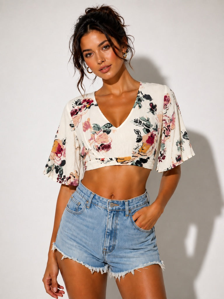 Illa Illa Cream Floral Open-Back Crop Top S Petite
