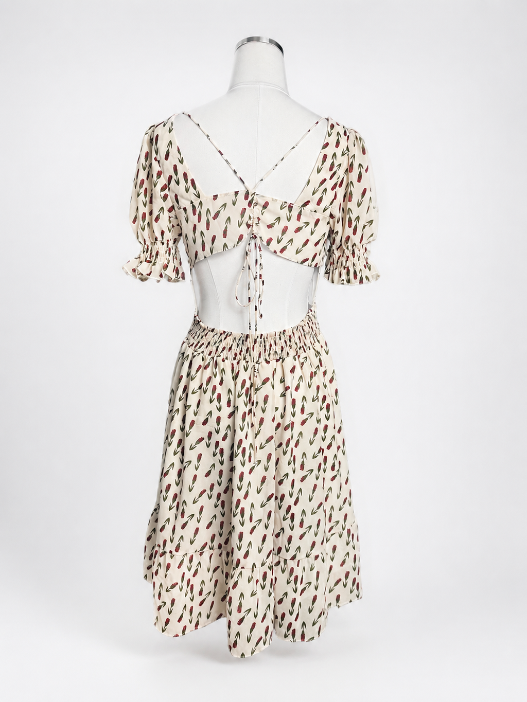 Women's BGIYNS Ivory Red Floral Off-Shoulder Puff-Sleeve Open-Back Dress