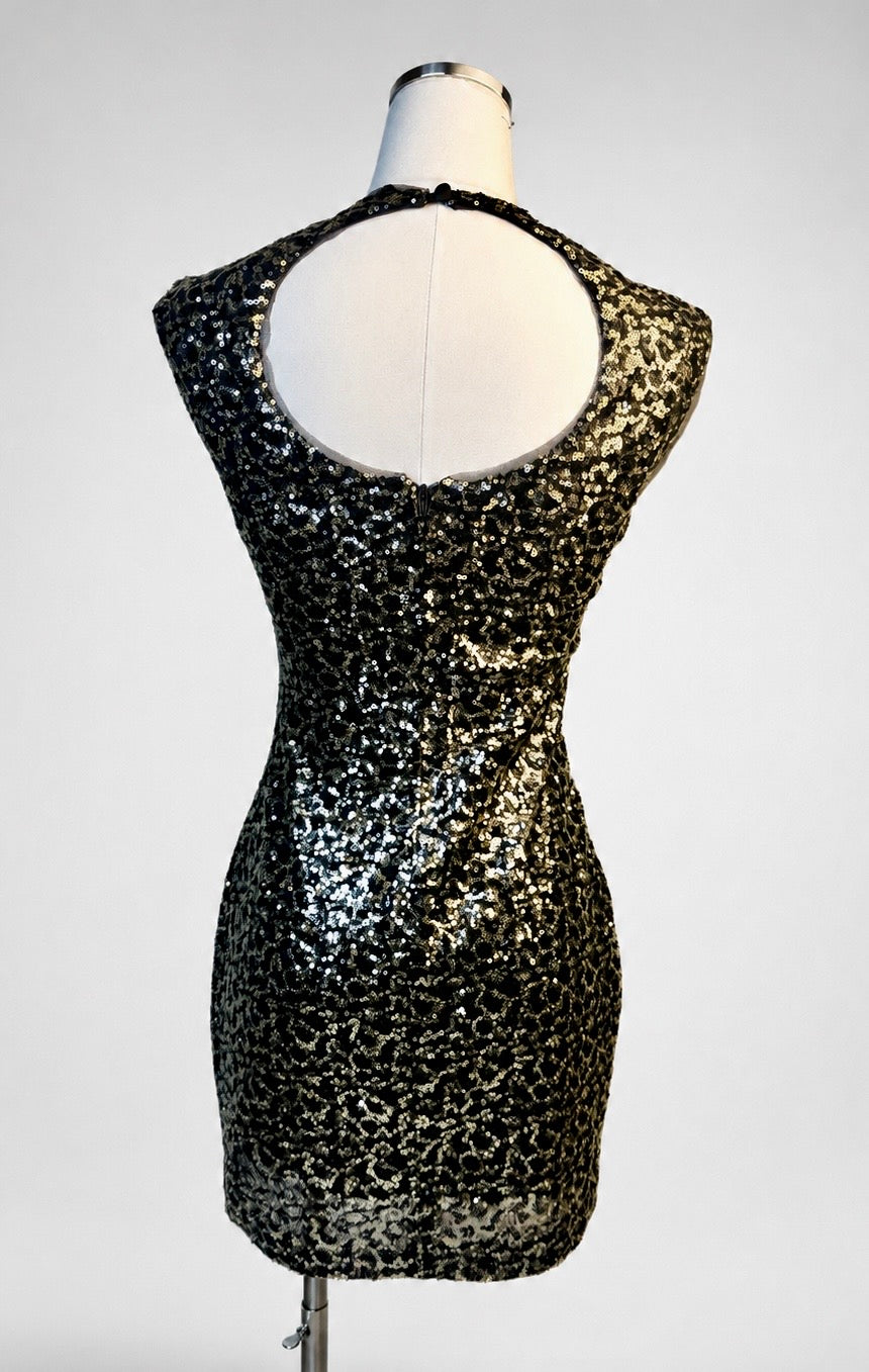 B. DARLIN Black Gold Leopard-Inspired Sequin Cocktail Dress – 5/6 Petite Fit