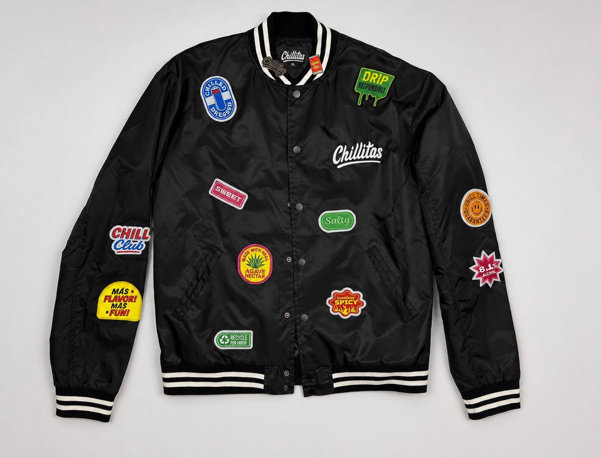Chillitas Black Satin Patch Bomber Jacket Unisex Size XL New Without Tags
