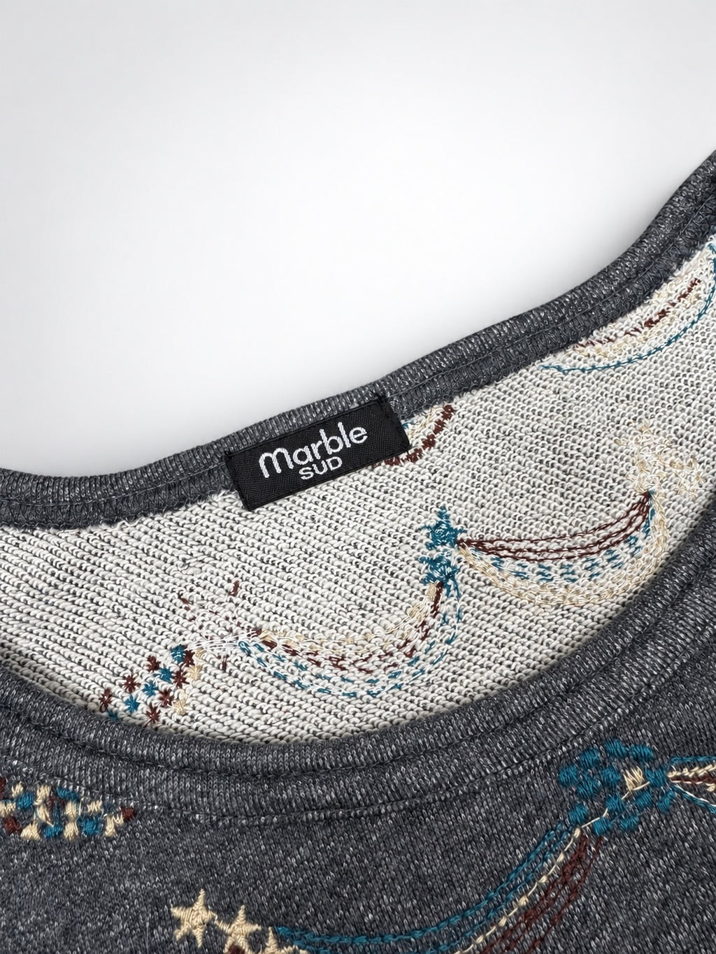 marble SUD charcoal garland pattern cotton knit top, neckline and sleeve detail view