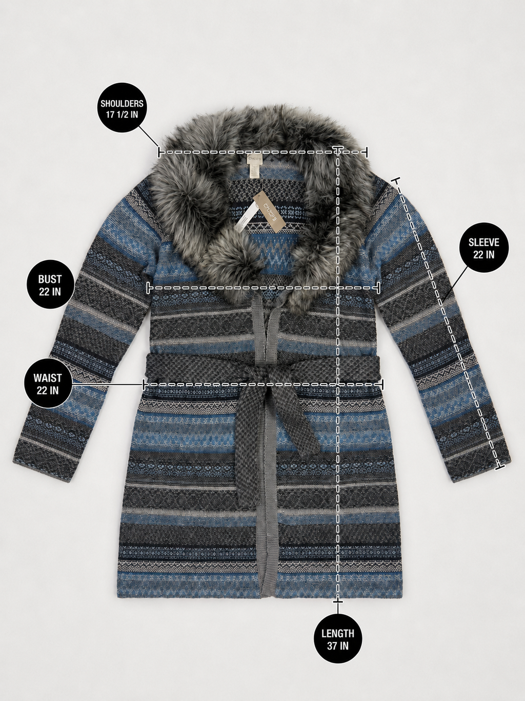 Chico's Blue Fair Isle Faux Fur Belted Sweater Coat Size 3 NWT