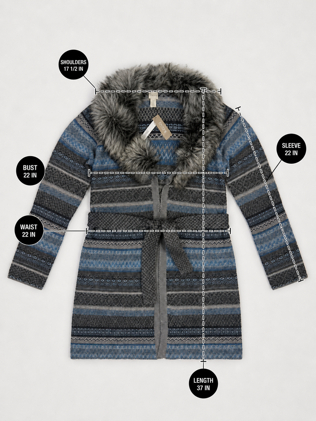 Chico's Blue Fair Isle Faux Fur Belted Sweater Coat Size 3 NWT