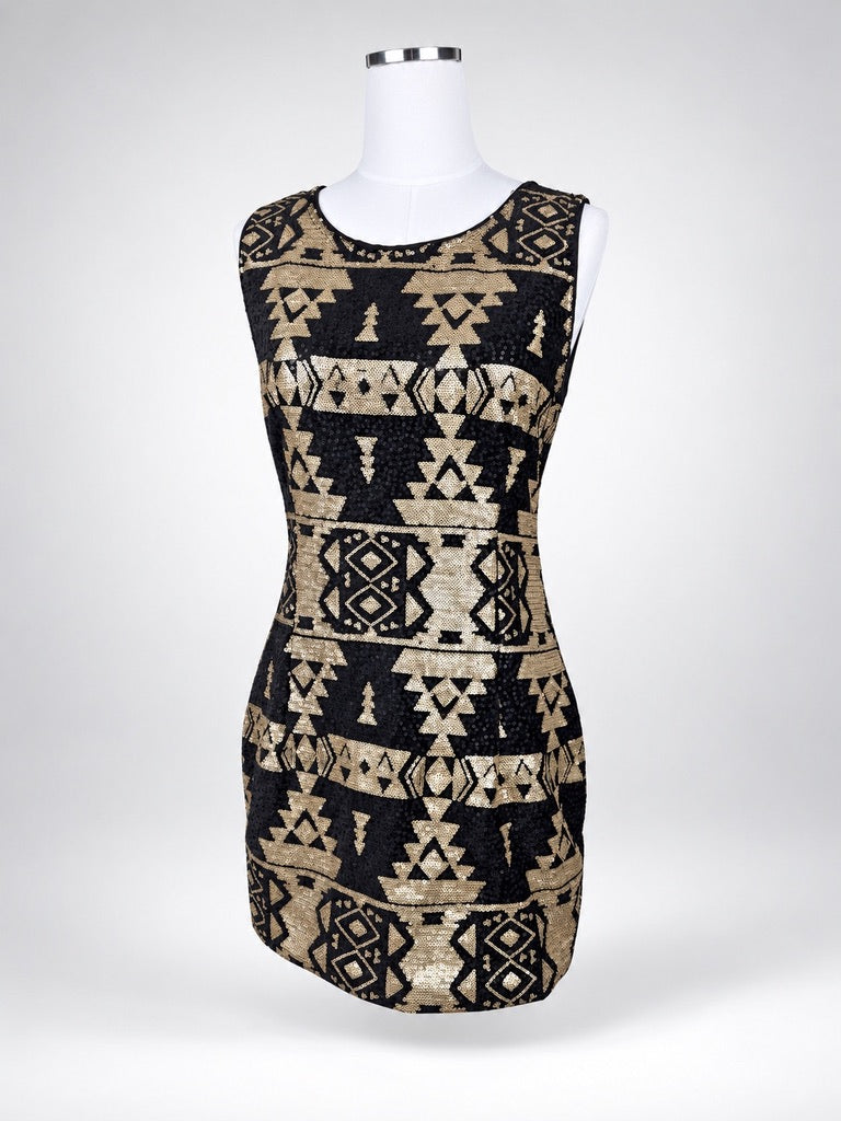 Skies Are Blue Black Gold Sequin Mini Dress Women's L Petite