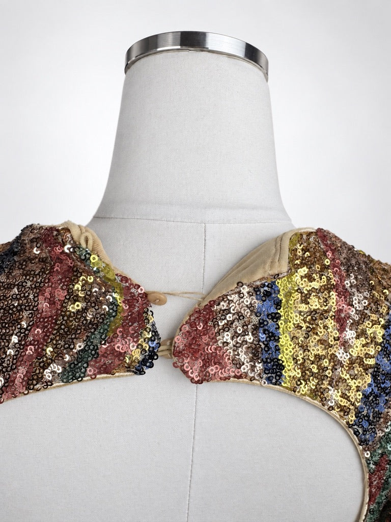 AQUA x Salvatore Rizza multicolor sequin dress back button closure detail