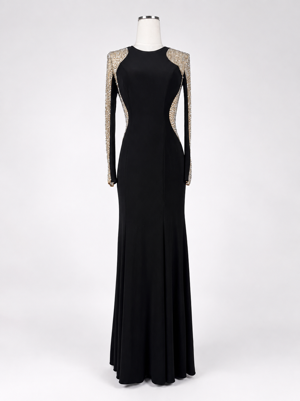 Women's Xscape Size 4 Black Rhinestone Illusion Long-Sleeve Formal Gown