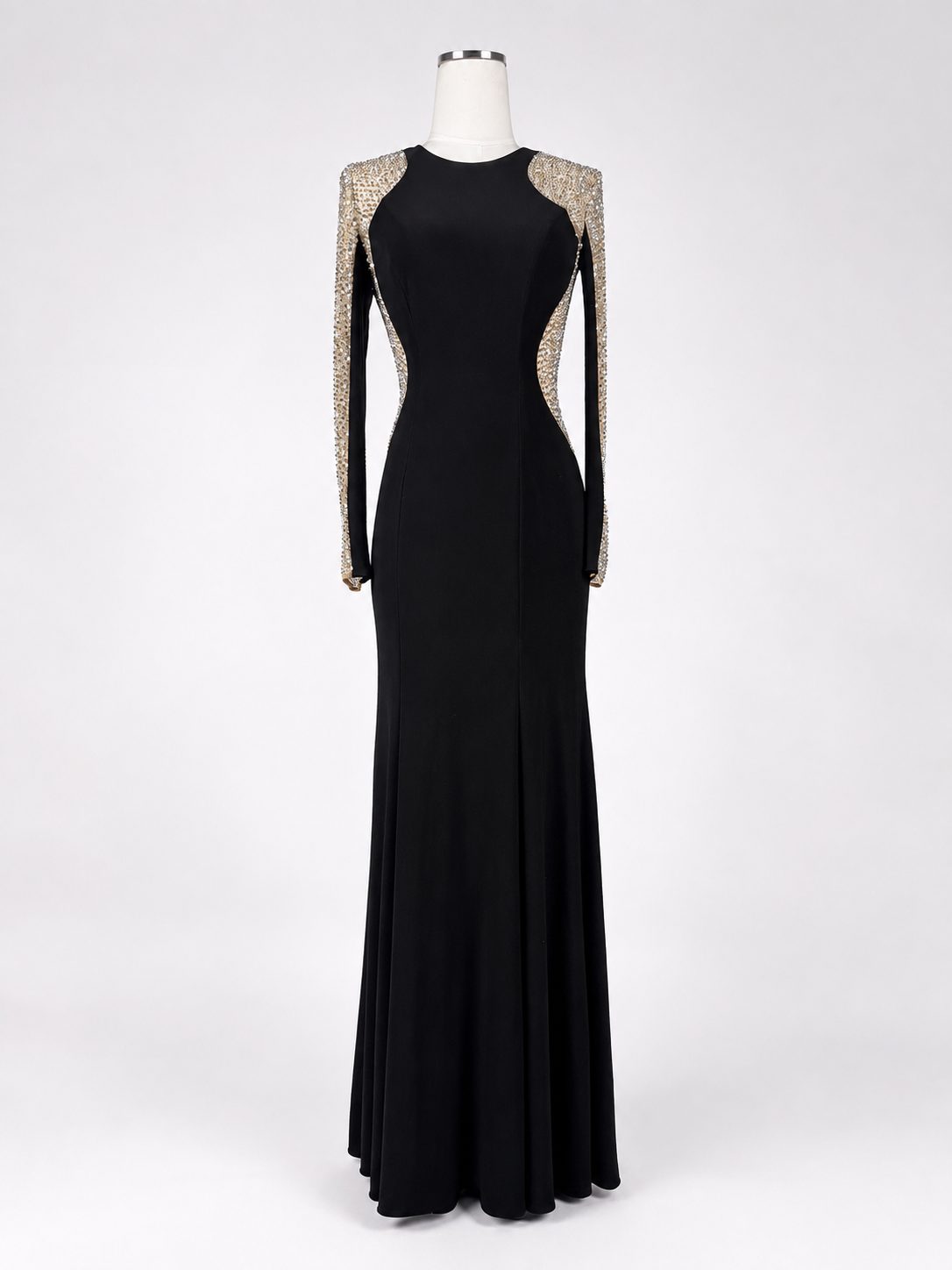 Women's Xscape Size 4 Black Rhinestone Illusion Long-Sleeve Formal Gown