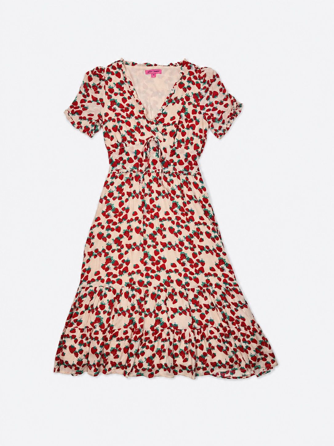 Close-up of red strawberry print on Betsey Johnson blush midi dress