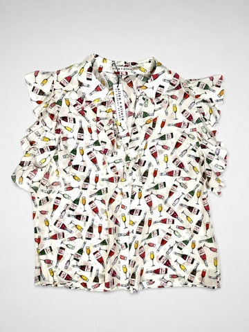 Alice + Olivia Stacey Bendet 100% Silk Champagne Print Ruffle Sleeve Women's Blouse M NWT