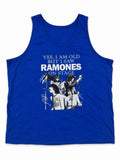 Front view of royal-blue men's Ramones graphic tank top with band-photo print and concert slogan