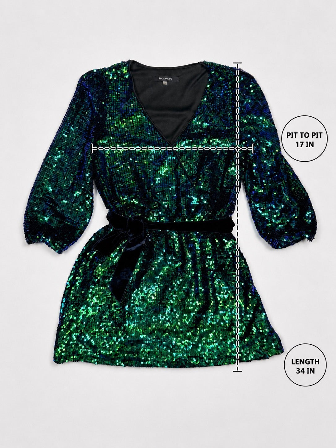 Sugar and Lips green sequin dress measurements flat lay