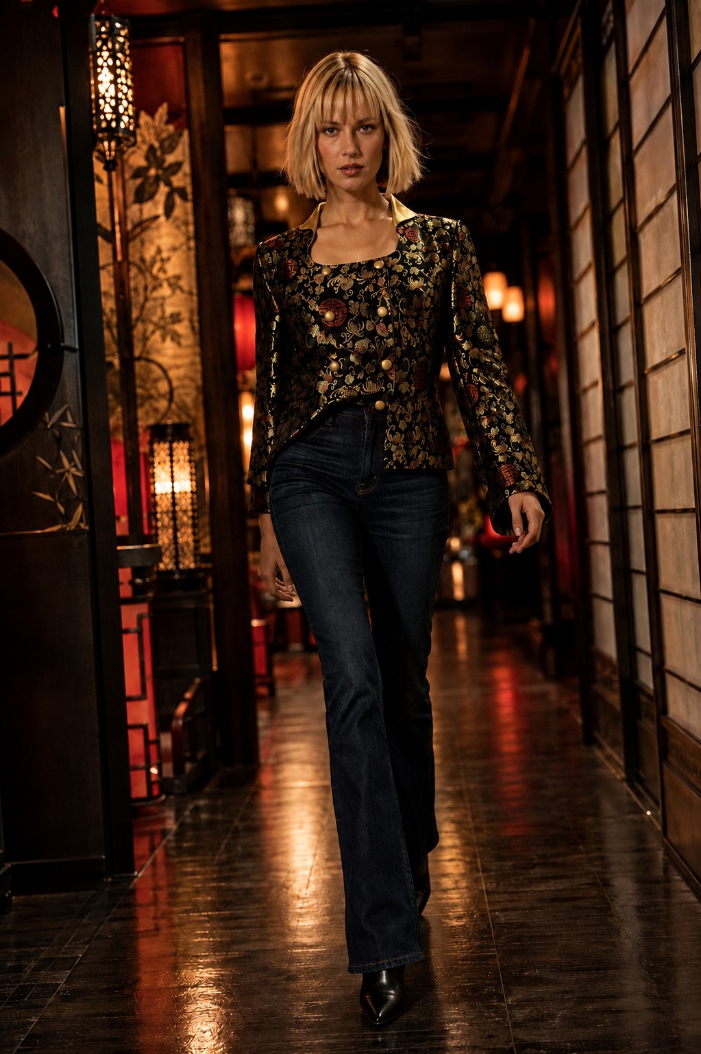 T&M Silk Black Gold Red Brocade Jacket Women's Large