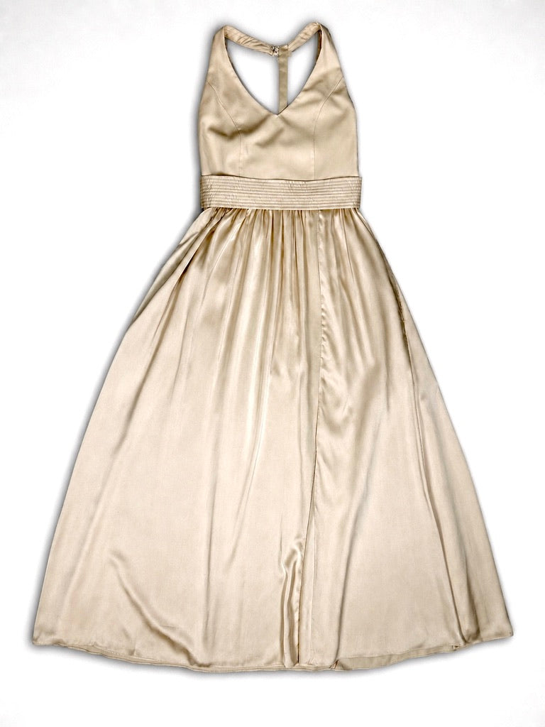 White by Vera Wang champagne halter maxi dress side view