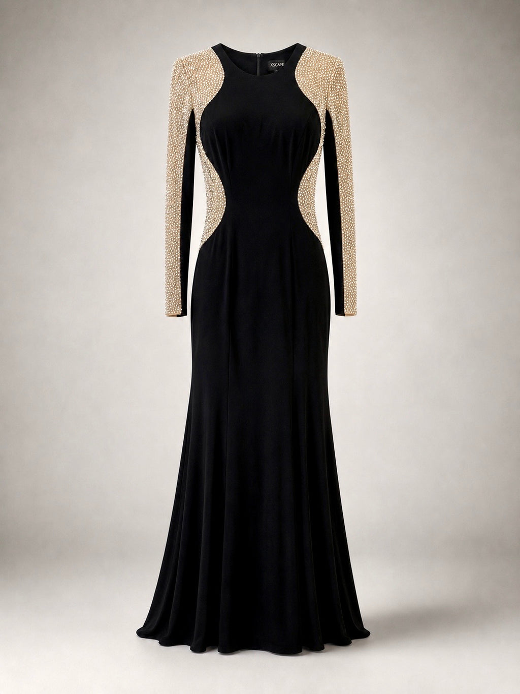 Women's Xscape Size 4 Black Rhinestone Illusion Long-Sleeve Formal Gown