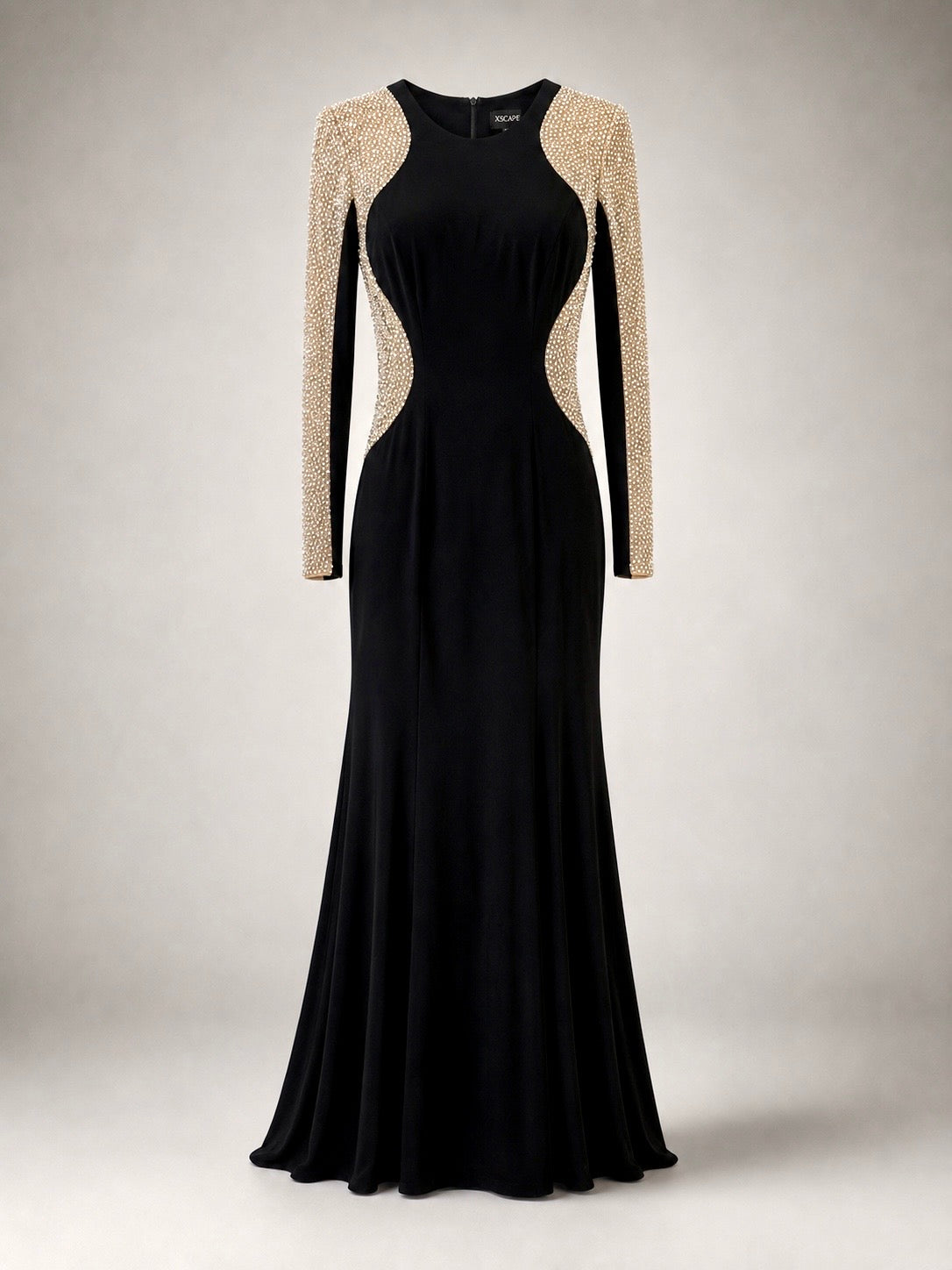 Women's Xscape Size 4 Black Rhinestone Illusion Long-Sleeve Formal Gown