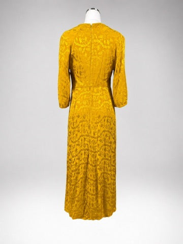 Topshop mustard yellow jacquard midi dress back view with zipper