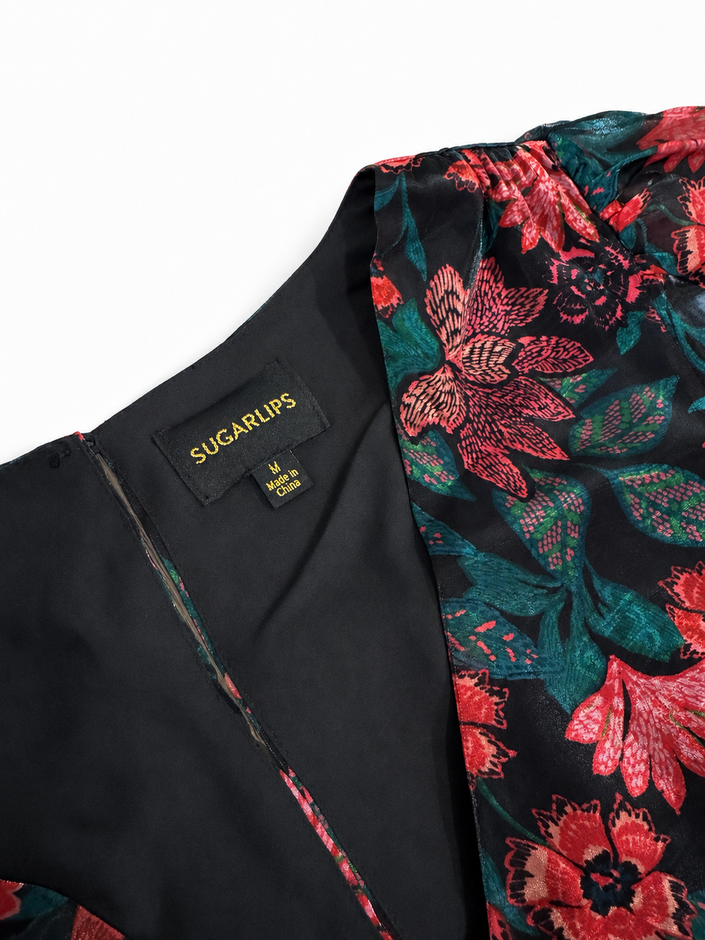 Sugarlips Briala Black Teal Red Floral Organza Maxi Dress Women's Medium